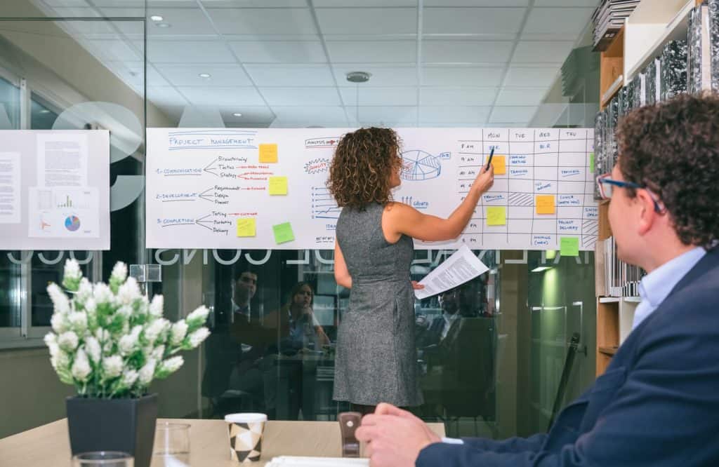 Female coach explaining project management studies over glass wall